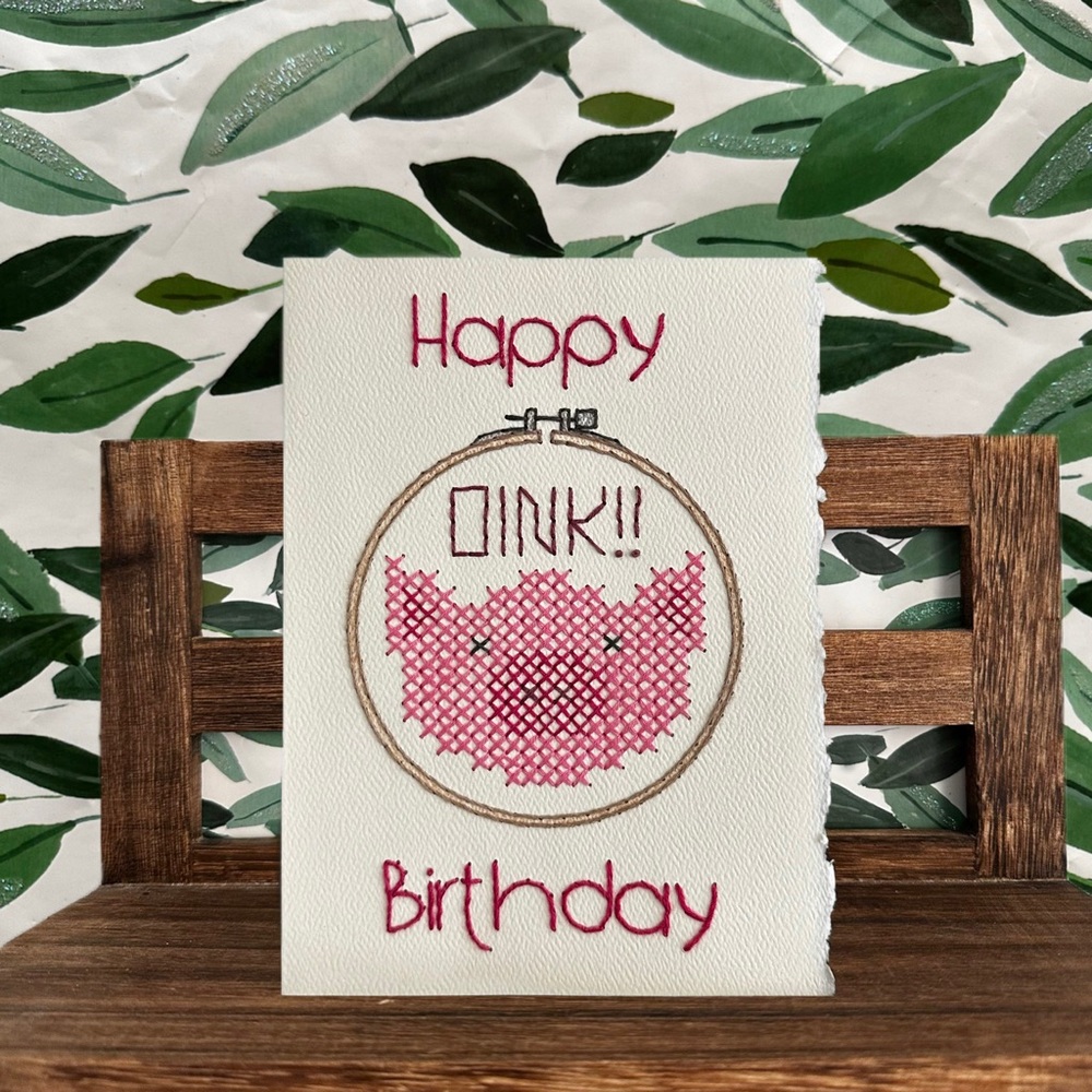 Hand-Embroidered Birthday Card - Pig Cross Stitch